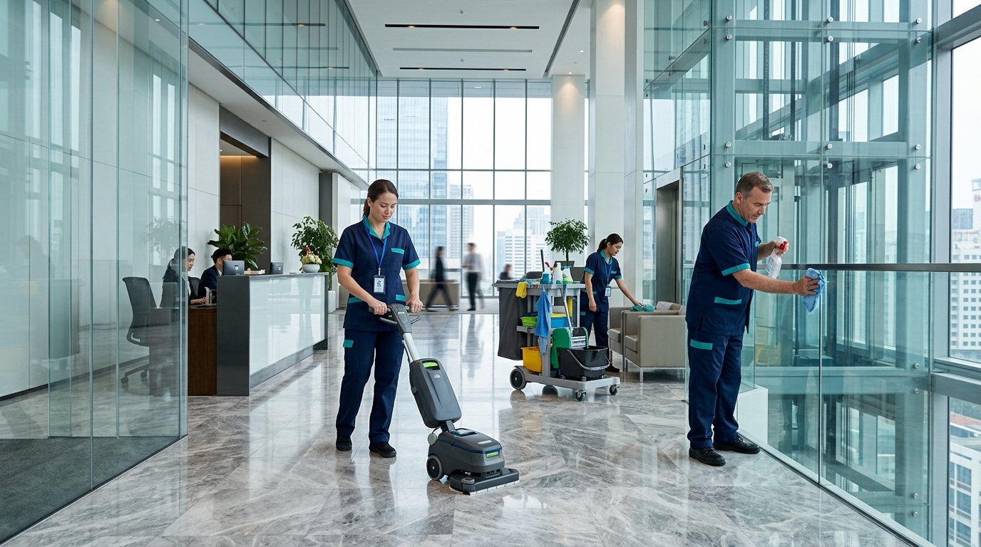 Cleaning Team Restocking Washrooms and detailing carpets